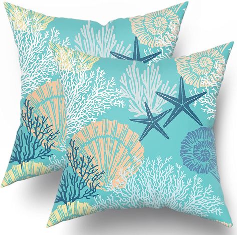 Ocean Coral Pillow Covers 18x18 Inch Nautical Coastal Throw Pillows Set of 2 Beach Seashell Starfish Pillow Case Soft Cotton Square Cushion Covers for Home Couch Sofa Patio Bedroom, Green Coastal Pillow Covers, Coral Pillow, Coral Throw Pillows, Starfish Pillow, Coastal Throw Pillows, Coral Pillows, Ocean Coral, Coral Pattern, Coastal Pillows