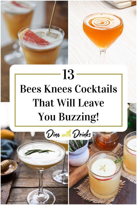 Collage of 4 bees knees cocktails. Bourbon Bees Knees Cocktail, Honey Liquor Cocktails, Bee Knees Cocktail, Bee’s Knees Cocktail, The Bees Knees Cocktail, Bees Knees Cocktail Recipe, Bees Knees Drink, Bees Knees Cocktail, Adult Beverages Recipes