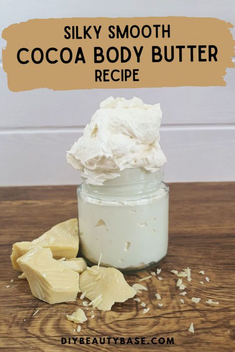 Silky Smooth Cocoa Butter Body Butter Recipe - DIY Beauty Base Cocoa Butter Body Butter, Cocoa Butter Recipes, Whipped Cocoa Butter, Body Butter Packaging, Diy Body Butter Recipes, Body Butter Recipe, Diy Butter, Cocoa Butter Lotion, Best Body Butter