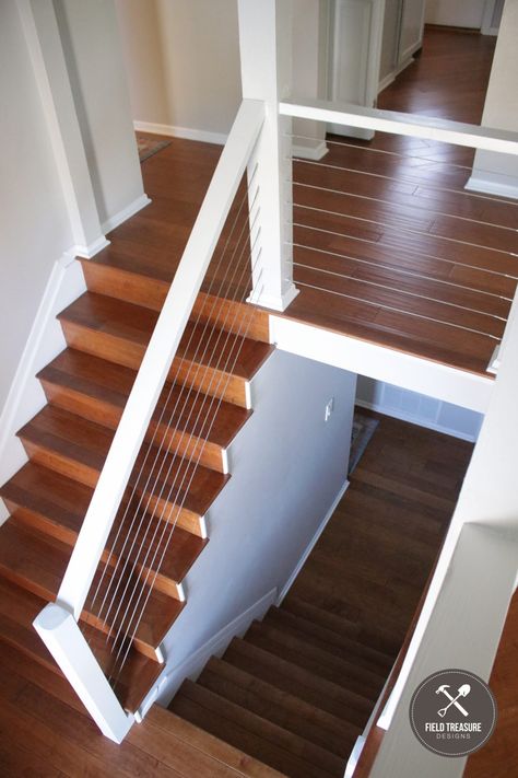 Stair Rail Alternatives, Diy Cable Railing, Diy Cable Railing Interior, Diy Cable Railing Cheap, Staircase Cable Railing Design, Wood Stairs With Cable Railing, Cable Railing Diy, Cable Railing Interior, Vertical Cable Stair Railing