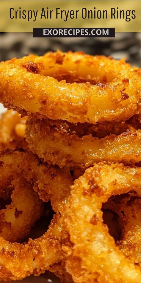 Crispy, crunchy, and cooked to perfection! These air fryer onion rings are the ultimate snack. How To Make Onion Rings In Air Fryer, Onion Ring Recipe Air Fryer, Onion Ring Air Fryer, Air Fried Onion Rings Recipe, Ninja Crispy Recipes, Frozen Onion Rings In Air Fryer, Crispy Onions Air Fryer, Homemade Onion Rings Air Fryer, Air Fryer Blooming Onion Recipe Easy