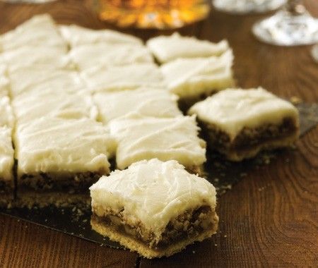 Walnut Squares w/ White Chocolate Cream Cheese Icing...I'd use pecans instead Christmas Baking Squares, Walnut Squares, Walnut Dessert, Chocolate Cream Cheese Icing, Cream Cheese Icing Recipe, Newfoundland Recipes, Rhubarb Desserts, Cream Cheese Desserts, Square Recipes