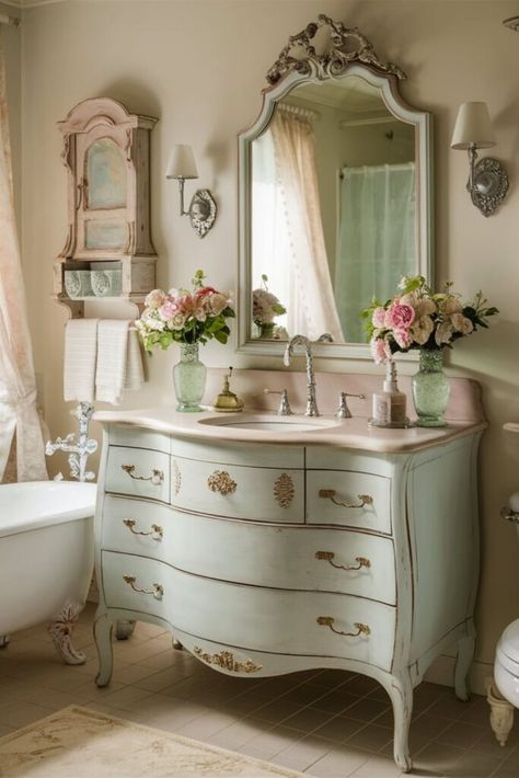 20 DIY Bathroom Vanity [Easy Ideas] French Bathroom Vanity, Shabby Chic Bathroom Vanity, Pallet Vanity, Vintage Bathroom Sink, Bathrooms Renovations, Vintage Bathroom Vanity, Antique Bathroom Vanity, Concrete Vanity, Shabby Chic Vanity