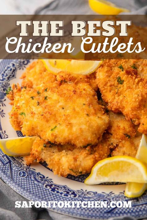 These crispy Italian chicken cutlets are coated in a seasoned breading and fried until perfectly crispy. This is the perfect recipe for a main dish with your favorite pasta or for sandwiches and salads! Chicken Cutlet Recipes Fried, Italian Chicken Cutlet, Italian Chicken Cutlets, Baked Chicken Cutlets, Cutlet Recipes, Fried Chicken Cutlets, Breaded Chicken Recipes, Chicken Cutlet Recipes, Breaded Chicken Cutlets