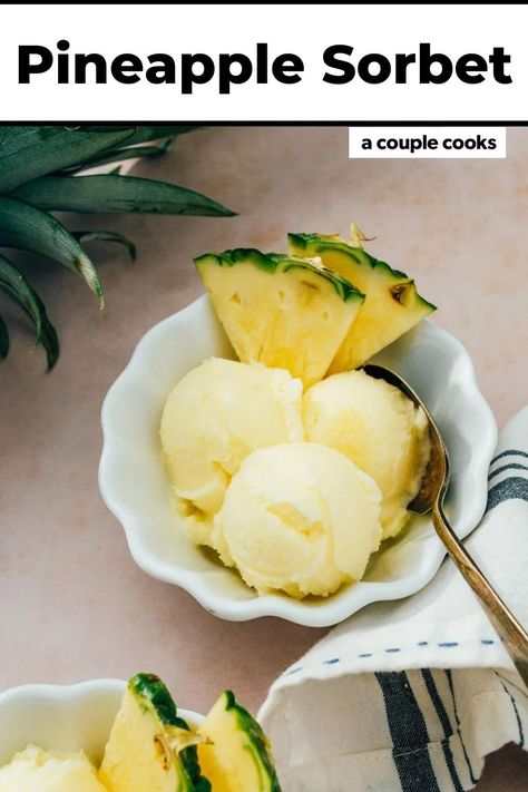 Pineapple sorbet is full of pure fruity, tropical flavor! This refreshing frozen dessert recipe is simple to whip up at home. #pineapple #sorbet #pineapplesorbet #sorbetrecipe #dessert #easydessert #dessertrecipe Homemade Pineapple Ice Cream, Pineapple Sorbet Recipe, Pineapple Ice Cream Recipe, Pineapple Sorbet, Pineapple Ice Cream, Watermelon Sorbet, Lime Sorbet, Fruit Sorbet, Strawberry Sorbet