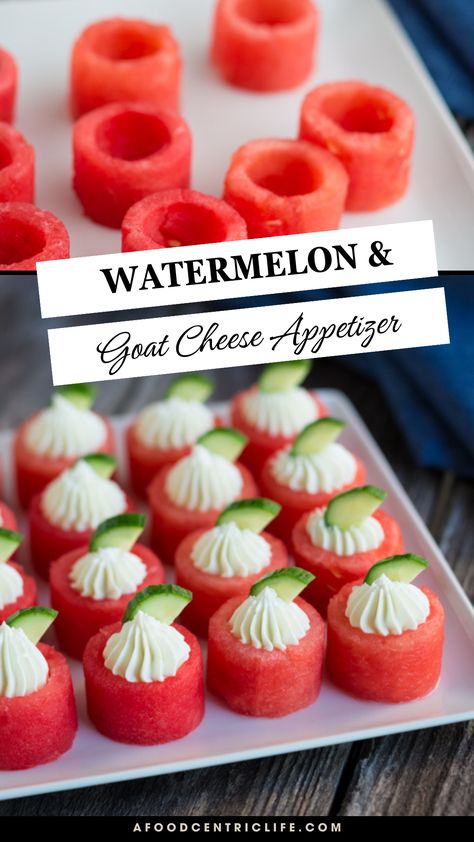 Watermelon and goat cheese make a refreshing summer appetizer. No cooking required! You will need a small melon baller tool to make this pretty. Don’t have one? Skip the scoop and pipe the goat cheese on top. It’s really the terrific combination of simple flavors and fresh ingredients. Watermelon Appetizer Ideas, Refreshing Appetizers, Watermelon Appetizer, Creative Appetizers, Cucumber Goat Cheese, Summer Appetizer Recipes, Watermelon Recipe, Summer Appetizers Easy, Goat Cheese Appetizer