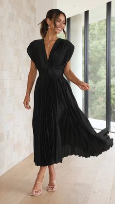 Spring Pre-draped Midi Dress With Folds, V-neck Midi Dress With Folds For Work, Flowy A-line Pleated Midi Dress, Spring Pre-draped V-neck Maxi Dress, Flowy Pleated Dress For Formal Occasions, V-neck Midi Dress With Pleated Hem For Evening, Pleated V-neck Maxi Dress For Formal Events, A-line Pleated Dress For Date Night, Solid Color Pleated A-line Maxi Dress