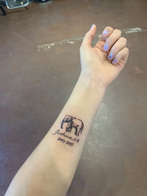 Elephant tattoo to memorialize fallen brother Elephant Tattoos For Grandma, Elephant Memorial Tattoo, Grandmother Tattoo Ideas, Brother Memorial Tattoo, Grandmother Tattoo, Simple Elephant Tattoo, Grandma Tattoos, In Loving Memory Tattoos, 18th Birthday Outfit