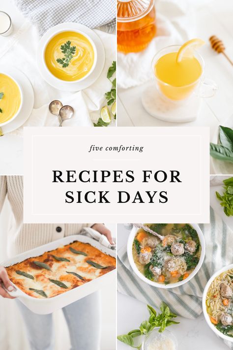 Needing a little bit of food TLC for those days when you feel under the weather? Here are my 5 most comforting recipes that nourish both the body and soul. From heartwarming veggie-filled soups to soothing, vitamin-packed frozen treats and tonics, these recipes are sure to help with a speedy recovery. Easy Breakfast For When Your Sick, Comfort Food When You Are Sick, Recipes For Sick Days, Morning Sickness Meals, Food For When Your Sick, Food For Sick People, Food When Sick, Squash Lasagne, Turkey Pesto Meatballs