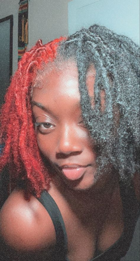 Red Locs On Dark Skin Women, Half And Half Colored Locs, Half Red Half Black Locs, Loc Colors Black Women Dark Skin, Skunk Stripe Hair Locs, Skunk Stripe Dreads, Skunk Stripe On Locs, Skunk Stripe Locs, Dye Dreads