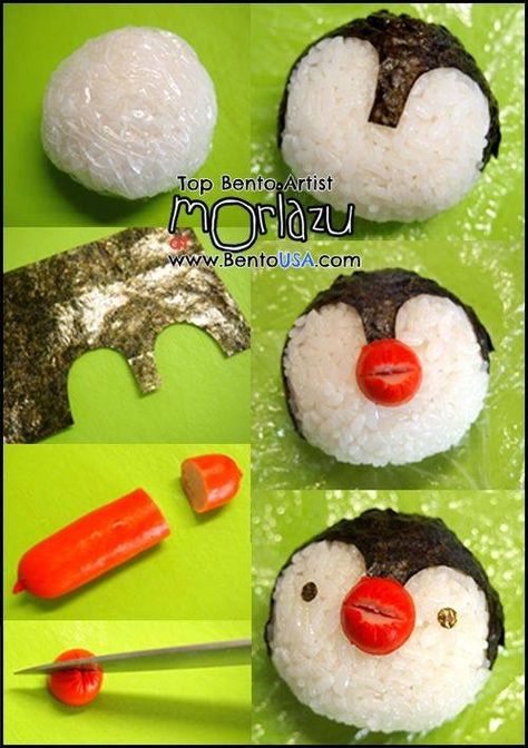 Penguin onigiri Text Anime, Kotak Bento, Onigiri Rice, Bento Box Recipes, Bento Kids, Lunch Box Idea, Japanese Food Art, Japanese Food Bento, Cute Bento Boxes