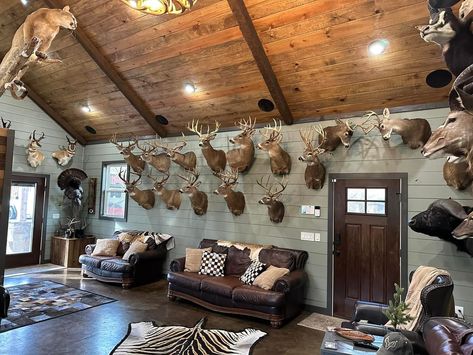 Deer Trophy Room, Trophy Room Hunting Man Caves, Deer Hide Decor, Hunting House Decor, Trophy Rooms Hunting, Game Garage, Hunting Lodge Decor, Rustic Man Cave, Deer Mounts