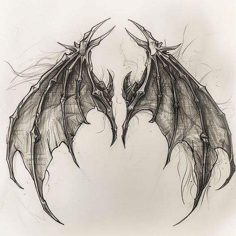 Dynamic Wings Tattoo Flash Things With Wings Art, Complex Tattoos Design, Tattoo Ideas With Wings, Symmetrical Throat Tattoo, Back Bat Wings Tattoo, Cyberpunk Wings Tattoo, Dark Love Tattoo Ideas, Bat Wing Tattoo Designs, Demon Wing Drawing