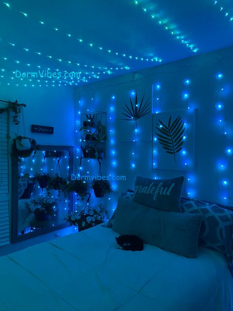 Blue Room With Led Lights, Cute Bedroom Ideas For Small Rooms Cozy Blue, Ocean Blue Themed Bedroom, Neon Blue Bedroom Aesthetic, Blue Bedroom Theme Ideas, Blue Room Ideas Bedroom Small Spaces, Blue Themed Bedroom Room Ideas, Cute Room Wall Colors, Neon Blue Room Aesthetic