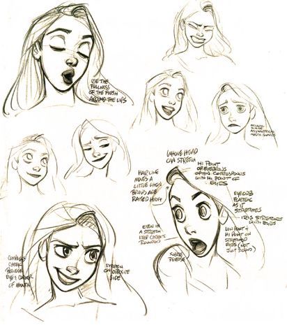 Rapunzel Facial Expressions, Rapunzel Expression Sheet, Baby Drawing Sketches, Disney Expressions, Rapunzel Sketch, Disney Style Drawing, Character Design Disney, Disney Art Style, Glen Keane