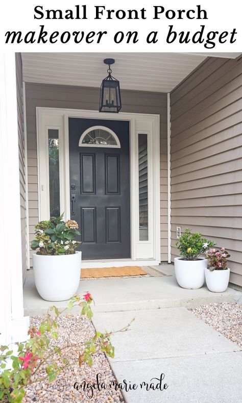 small front porch ideas on a budget that we used for our small front porch makeover Small Front Porch Makeover, Simple Front Porch Ideas, Porch Makeover On A Budget, Porch Makeover Ideas, Small Front Porch Ideas Entrance, Simple Front Porch, Spring Front Porch Decor, Small Front Porch Ideas, Front Porch Lighting