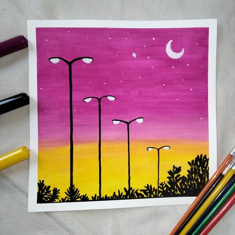 Painting Of Street Lights, Street Lights At Night Painting, Painting City Easy, Streetlight Drawing, Streetlight Painting, Street Light Painting, Ocean Art Painting, Cute Easy Paintings, Sunset Canvas Painting