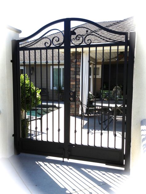 Arched Hand Scroll Entry Wrought Iron Gate Designs, Metal Garden Gates, Iron Garden Gates, Fence Gate Design, Iron Entry Doors, House Main Gates Design, Front Gate Design, Entrance Gates Design, Iron Gate Design