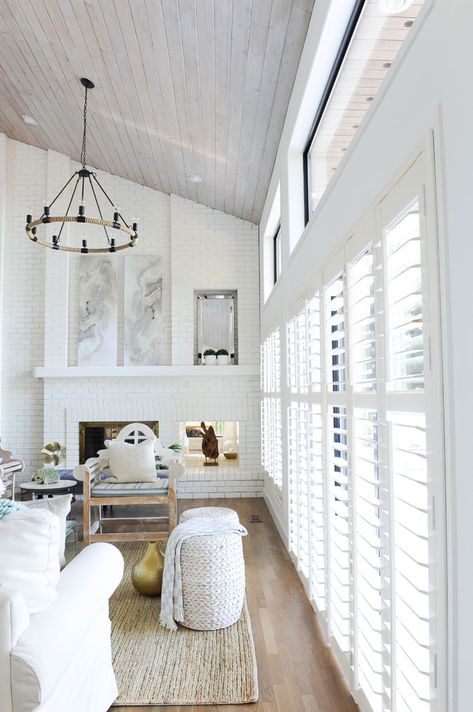 Classic Shutters, Shutters Living Room, Indoor Shutters, White Shutters, Interior Shutters, Brick And Wood, Wooden Side Table, Steampunk Style, White Rooms