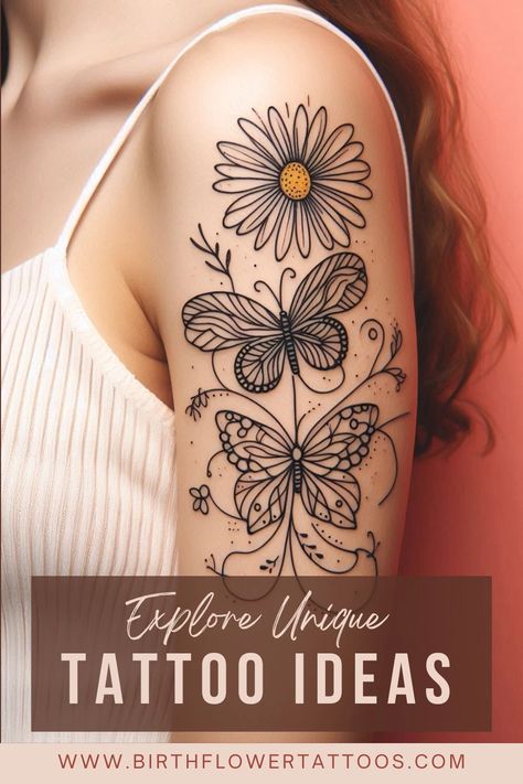 🌸✨Butterfly and Daisy Tattoo: A Delicate Fusion of Beauty and Transformationr✨🌹 Daisy Tattoo Fine Line, Butterfly And Daisy Tattoo, April Birth Flower Tattoo, Name Flower Tattoo, Tattoo Fine Line, Fine Line Art, April Birth Flower, Bouquet Tattoo, Daisy Tattoo