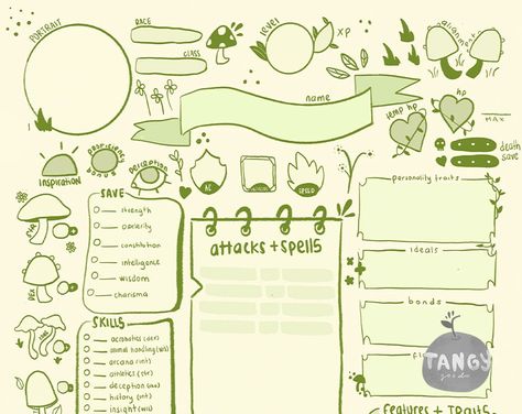 Hand-drawn PDF / Printable Character sheets for D&D. Tailor made D&D Sheets that are the perfect companion for all your adventures! With cute hand-drawn designs, enjoy using sheets that perfectly suit your character's future adventures. Perfect as a printable and for tablet note keeping. What you get: * 2 digital PDF files - 2 Printable Versions (Color and Grayscale) in Letter-size.  * 3 Sheets (Character Sheet, Backstory and Spell Sheet) We hope you enjoy your Tangy Goods Design! Please tag us on Instagram (Tangygoodshop) if you use, and to check out our other designs (We also have personalized commissions) Character Sheet Template Design, D And D Character Sheets, Dnd Note Taking, Cute Dnd Character Sheet, Dnd Journal Ideas, Dnd Character Sheet Template, Dnd Notebook Ideas, Character Sheet Base, Oc Information Sheet