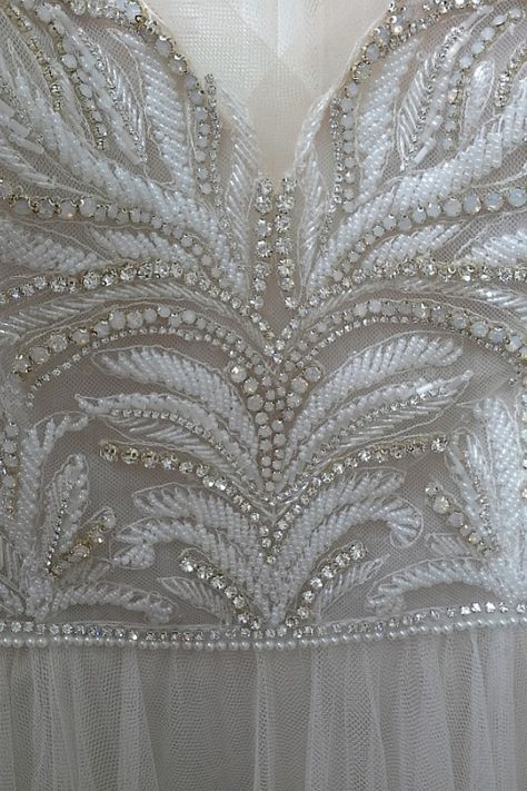 Wedding Dress Embroidery Design, Bridal Beading Embroidery, Traditional Beaded Embroidered Fabric For Wedding, Festive Fitted Beaded Embroidered Fabric, Festive Beaded Lace Embroidered Fabric, Wedding Gown With Pearl Embroidery Semi-stitched, Saree Painting Designs, Bridal Veils And Headpieces, Detail Couture