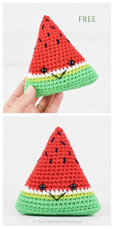 Crochet Watermelon Toy Amigurumi Free Patterns Fruit Donut, Donut Crochet, Crochet Watermelon, Animal Fruit, Crochet Fruit, Watermelon Slice, Amigurumi Animals, Crochet Food, Kawaii Crochet