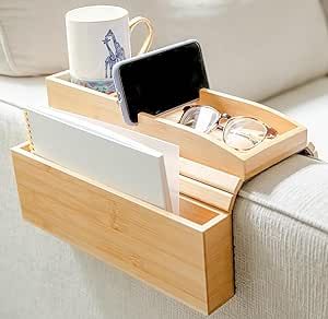 Bamboo Couch Cup Holder with Side Storage Pocket & Phone Holder - Non-Slip Sofa Armrest Tray Table for Drinks, Cellphone, Remote Control, Snacks - Multifunctional Couch Arm Tray Organizer Caddy Bamboo Couch, Couch Arm Tray, Couch Cup Holder, Armrest Table, Couch Arm Table, Arm Rest Table, Sofa Armrest, Bamboo Sofa, Remote Holder