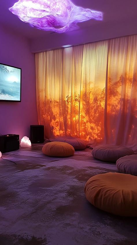 Dive into tranquility 🌊✨ Transform your space with a Pisces-inspired meditation room: plush floor cushions, soothing salt lamps, and flowing curtains. Immerse in nature sounds with a calming wall mural as your backdrop for ultimate relaxation. 🧘‍♀️🌿 Let serenity wash over you! Relax Room Ideas, Relaxation Room Ideas, Flowing Curtains, Calm Room, Salt Lamps, Relaxation Room, Nature Sounds, Meditation Room, Floor Cushions