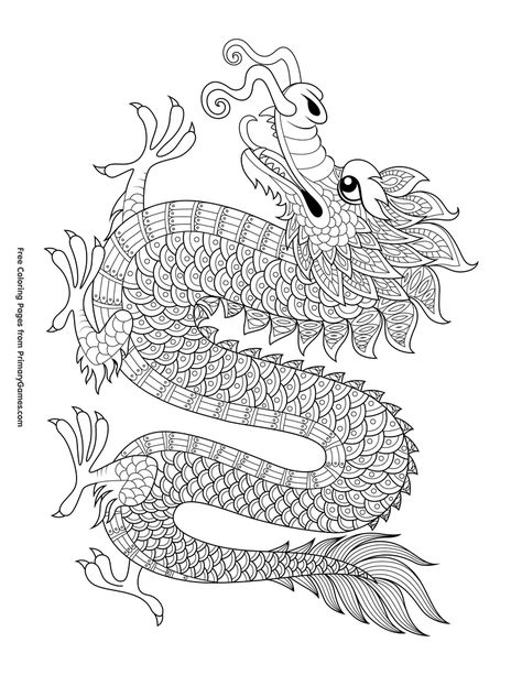 Free printable Chinese New Year Coloring Pages eBook for use in your classroom or home from PrimaryGames. Print and color this Chinese Dragon coloring page. Chinese New Year Coloring Pages, Dragon Coloring Pages, Chinese Dragon Art, Chinese New Year Crafts For Kids, Chinese New Year Activities, New Year Coloring Pages, Chinese Dragon Tattoos, Dragon Coloring, Chinese New Year Dragon