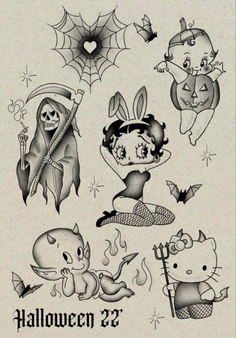 Spooky Betty Boop, Betty Boop Tattoo Design, Betty Boop Halloween Tattoo, Chicano Flash Art, Chicano Tattoo Flash, Betty Boop Tattoo Ideas, Halloween Betty Boop, Envelope Tattoo, Betty Boop Tattoos