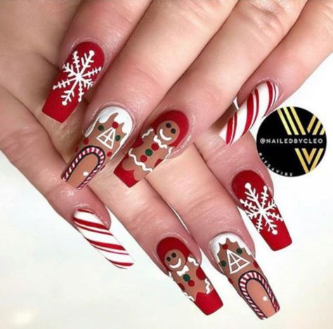 Gingerbread Nails Christmas, Gingerbread Nails Acrylic, Gingerbread Nail Art, Christmas Nails Gingerbread, Gingerbread Nails, Christmas Nail Designs Acrylic, Christmas Press On Nails, Nail Art Noel, Holiday Nails Winter