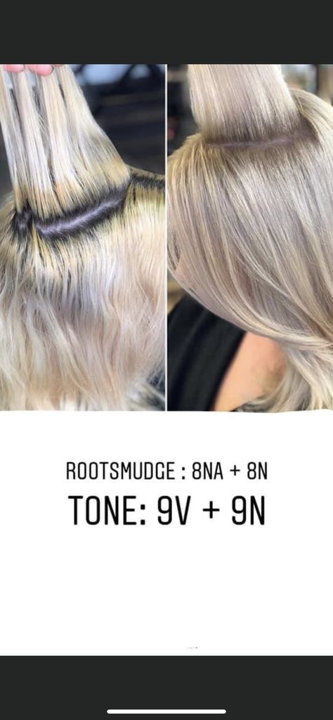 Blonde With Grey Undertones, Grey Hair To Blonde Shades, Smudge Hair Color Blondes, Root Smudge Blonde Formula Wella, Root Formula Shades Eq, Redken Shades Toner Formulas, Blonde Root Smudge Formula, Root Smudge Blonde Before And After, Redken Shades Eq Formulas Blondes Root Tap