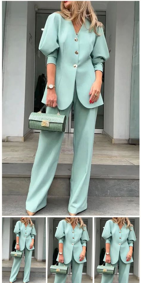 Elegant Solid Buttons V Neck Long Sleeve Two Pieces Pant Suits For Women, Long Sleeve Suit, Mother Of Bride Outfits, Two Piece Outfits, Bride Outfits, Italian Fashion Brands, Suit For Women, Style 2023, Flat Collar