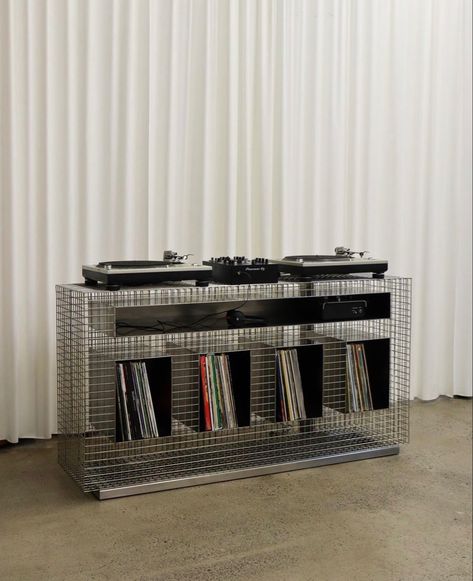 Meja Industrial, Dj Table, Dj Room, Dj Setup, Dj Booth, Vinyl Record Storage, Rack Design, Steel Furniture, Decoration Inspiration