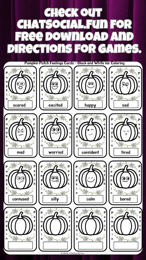 Pumpkin Patch Feelings Cards is a feelings activity that has a set of 16 pumpkin cards.  The set is in black and white. There are 12 pumpkins with feelings and 4 blank pumpkins to add 4 additional feelings.  The 12 feelings include: confused, scared, mad, excited, worried, silly, happy, confident, calm, tired, bored, and sad.  The games build coping and social skills.  They help practice naming feelings, identifying facial expressions, and identifying what can cause certain feelings (triggers). Social Emotional Worksheets, Feelings Activity, Thanksgiving Bulletin Boards, Friendship Skills, Feelings Activities, Perspective Taking, Pumpkin Cards, Fall Activities, Games And Activities