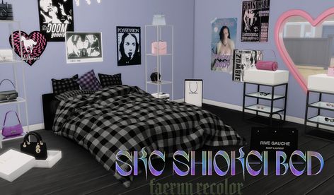 SKC shiokei bed ♡ ✧ mesh not required but you can find it here ✧ 10 swatches Sims 4 Alt Build Cc, Alt Sims 4 Cc Furniture, Sims 4 Messy Bed Cc, Sims 4 Emo Bedroom Cc, Sims 4 Goth Bedroom, Bed Frame Sims 4 Cc, Sims 4 Grunge Cc Furniture, Bed Cc Sims 4, Sims4 Bed