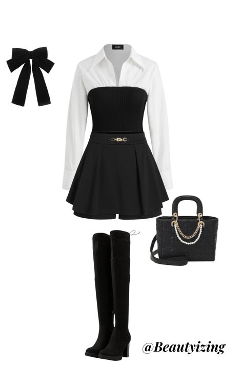 Skort Outfit Elegant, Skort Outfit, Outfit Elegant, Button Long Sleeve, Bow Decor, Over The Knee Boots, Over The Knee, Hair Clip, Knee Boots