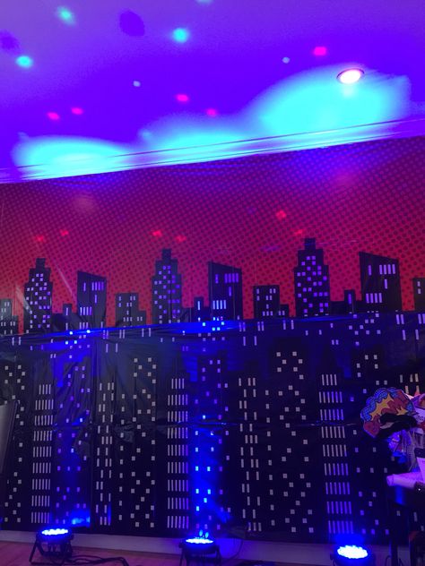 Cityscape backdrop with up lighting Superhero Prom, City Lights Party Theme, City Lights Prom Theme, Night In The City Dance Theme, Bright Lights Big City Theme Prom, Paris Prom Theme, Superhero Buildings Cityscapes, Superhero Vbs, City Backdrop