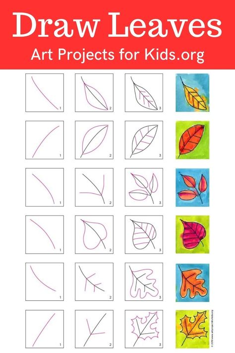 Learn how to draw Leaves with an easy step-by-step PDF tutorial. #howtodraw #tutorial #drawing #drawingtutorial #arttutorial #artprojectsforkids #howtodrawforkids #leaves #leafdrawing Preschool Step By Step Drawing, How To Draw A Leaf Easy Fall Leaves, Doodle How To Draw, Fall Leaves Drawing Step By Step, How To Draw Fall Leaves Step By Step, Easy Leaf Drawing Step By Step, Drawing Leaves Easy, How To Draw A Fall Leaf, Autumn Painting Ideas Easy For Kids