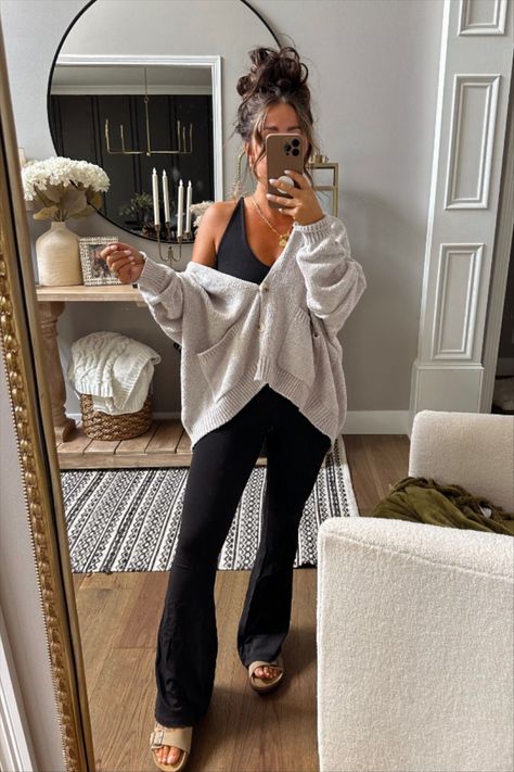 Ribbed Lounge Pants Outfit, Comfy Cozy Work Outfit, Jumpsuit With Sweater Over It, Fall Outfit Jumpsuit, Lounge Jumpsuit Outfit, Women Comfortable Outfits, Athletic Jumpsuit Outfit Winter, Comfy Brunch Outfit Winter, Comfy Cozy Winter Outfits