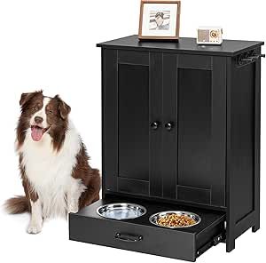 ALINE FURNITURE Dog Feeding Station with Storage Cabinet and 2 Elevated Dog Bowls, Hidden Pet Feeder Station Wood, Dog & Cat Storage Organizer, Black Pet Feeder Station, Dog Feeding Station, Elevated Dog Bowls, Feeding Station, Wood Dog, Dog Furniture, Pet Feeder, Dog Feeding, Storage Organizer