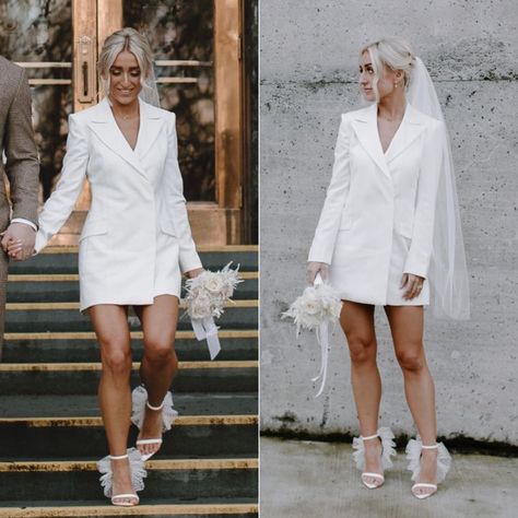 Tux Wedding Dress, White Blazer Dress Engagement Photos, Blazer Wedding Dress Plus Size, White Blazer Wedding Dress, Civil Wedding Outfit The Bride Plus Size, Wedding Blazer Dress Women, Bridal Exit Outfits, Courthouse Wedding Blazer Dress, Civil Wedding Short Dress