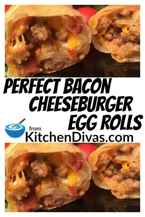 Cheese Burger Egg Rolls, Burger Egg Rolls, Cheeseburger Egg Rolls Recipe, Cheeseburger Egg Rolls, Cheeseburger Wraps, Egg Rolls Recipe, Perfect Bacon, Bacon Cheeseburger Soup, Bacon Appetizers