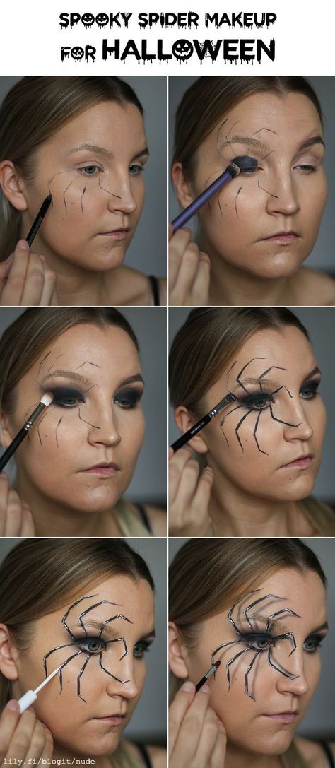 Halloween Spider Makeup, Spider Face Painting, Spider Makeup, Spider Costume, Mascaras Halloween, Halloween Makeup Pretty, Cute Halloween Nails, White Eyeliner, Black Eyeshadow