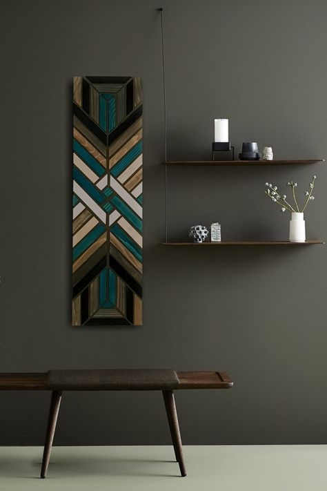 WOOD WALL ART , Geometric design , three pine wood layers , black color background & transparent blue with brown acrylic color, 40 x 105 cm Wood Geometric Art, Geometric Wall Art Diy, Black Color Background, Lath Art, Wood Wall Art Geometric, Wood Wall Art Diy, Brown Acrylic, Wood Art Projects, Wall Art Geometric