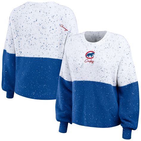 Stay warm, and look good doing so, in this Chicago Cubs pullover sweater from WEAR by Erin Andrews. Its soft and cozy material features a speckled design on top and a strong splash of color on the bottom. An embroidered Chicago Cubs logo on the chest is accompanied by script details, which can also be found behind the right shoulder. With a midweight build and cuffed sleeves, the warmth stays locked in for a trip to the ballpark or any other occasion. Chicago Bears Colors, Erin Andrews, Women's Wear, New Orleans Saints, Cincinnati Bengals, Chicago Bears, New York Giants, Powder Blue, White Sweaters