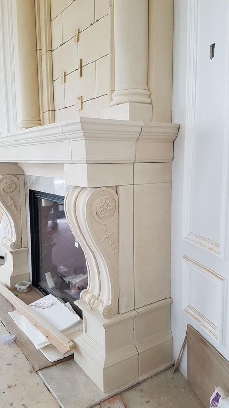 GRAND SCALE CUSTOM CARVED CAST STONE FIREPLACE MANTEL. SHOWN HERE PARTIALLY INSTALLED. Kingdom Vbs, Cast Stone Fireplace, Stone Fireplace Mantel, Gorgeous Fireplaces, Indoor Design, Custom Carved, Home Owners, Kitchen Hoods, Cast Stone