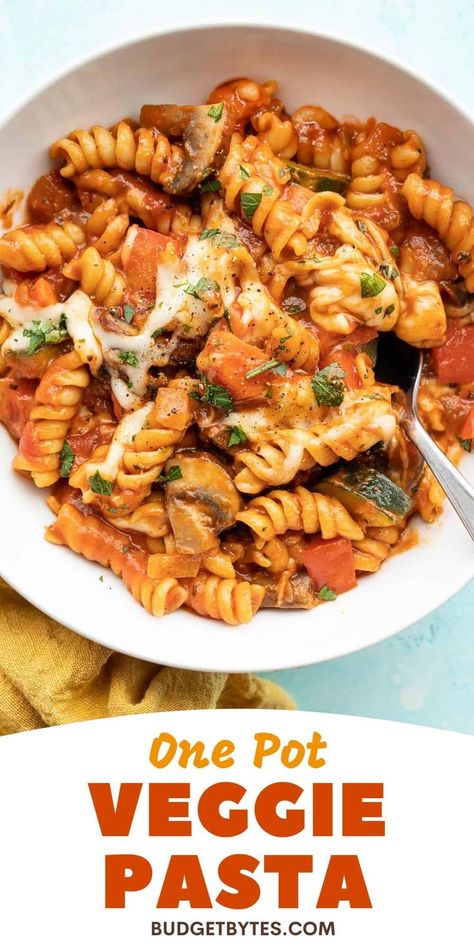 One Pot Veggie Pasta Easy Veggie Pasta Recipes, One Pot Veggie Pasta, Veggie Pasta Recipes, Cheap Vegetarian Meals, One Pot Vegetarian, Quick Pasta Recipes, Vegetarian Pasta Recipes, Budget Bytes, One Pot Pasta Recipes