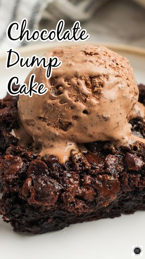 Indulge in this easy Chocolate Dump Cake--a rich, gooey, chocolate cake, baked to perfection and served with a scoop of chocolate ice cream. Chocolate Skillet Cake With Ice Cream, Best Chocolate Dump Cake, Gooey Desserts Easy, Gooey Chocolate Desserts, Chocolate Dump Cake Recipes, Chocolate Poke Cake Recipes, Dump Cake Recipes Chocolate, Chocolate Dump, Vegetarian Chocolate Cake